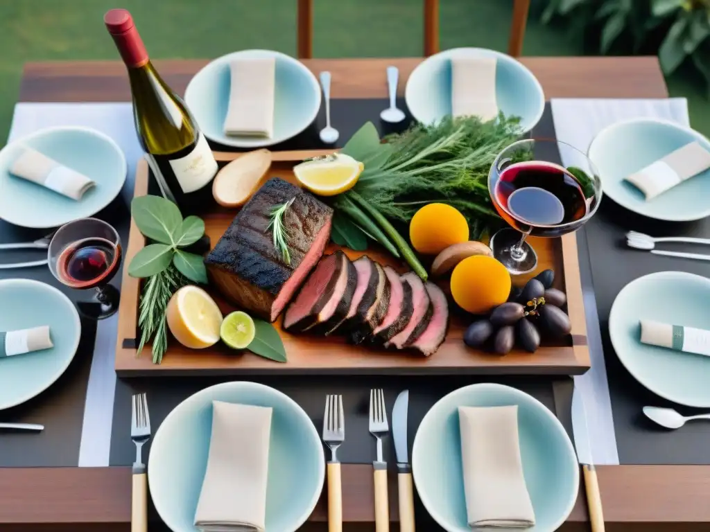 Una mesa exquisitamente decorada con maridaje para asado uruguayo moderno