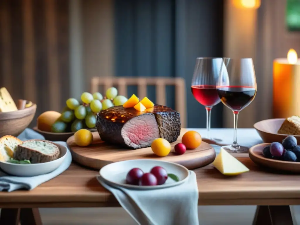 Una mesa exquisitamente decorada con maridaje de carnes exóticas y vinos uruguayos