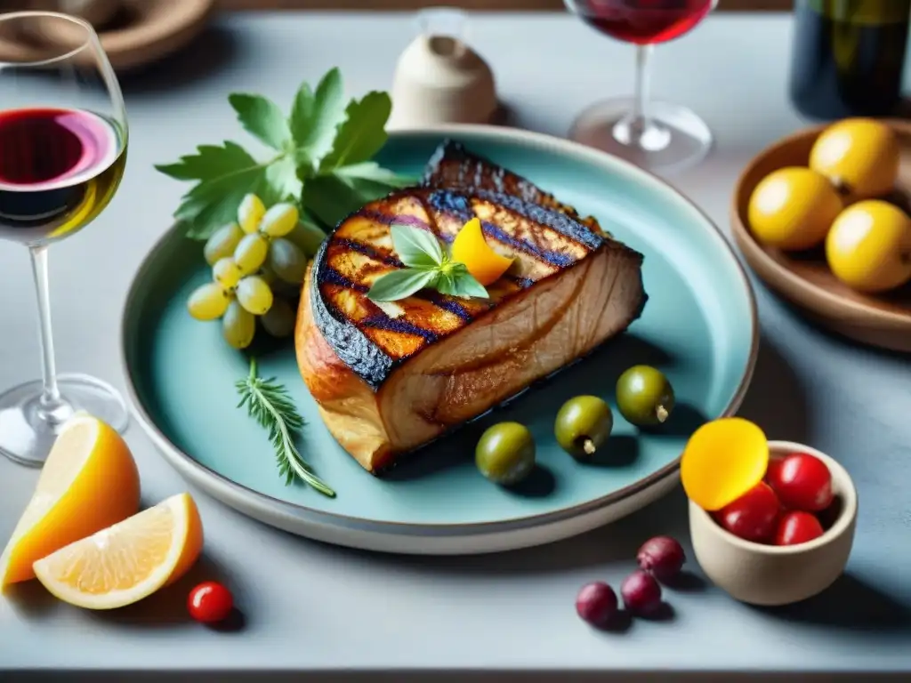 Una mesa elegantemente decorada con maridaje de vinos, achuras y morcillas asadas, evocando sofisticación culinaria