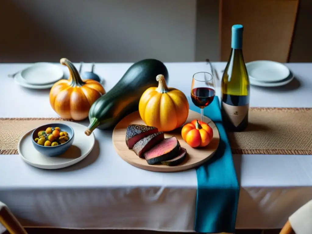 Una mesa bellamente decorada en Uruguay con maridaje de vinos y asado vegetariano