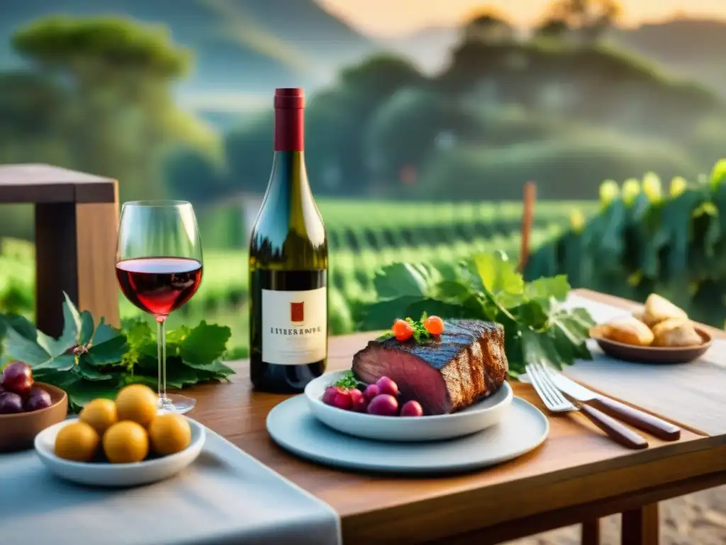 Una mesa elegantemente decorada con maridajes experimentales asado uruguayo y vinos en copas finas, bajo la luz dorada de la tarde