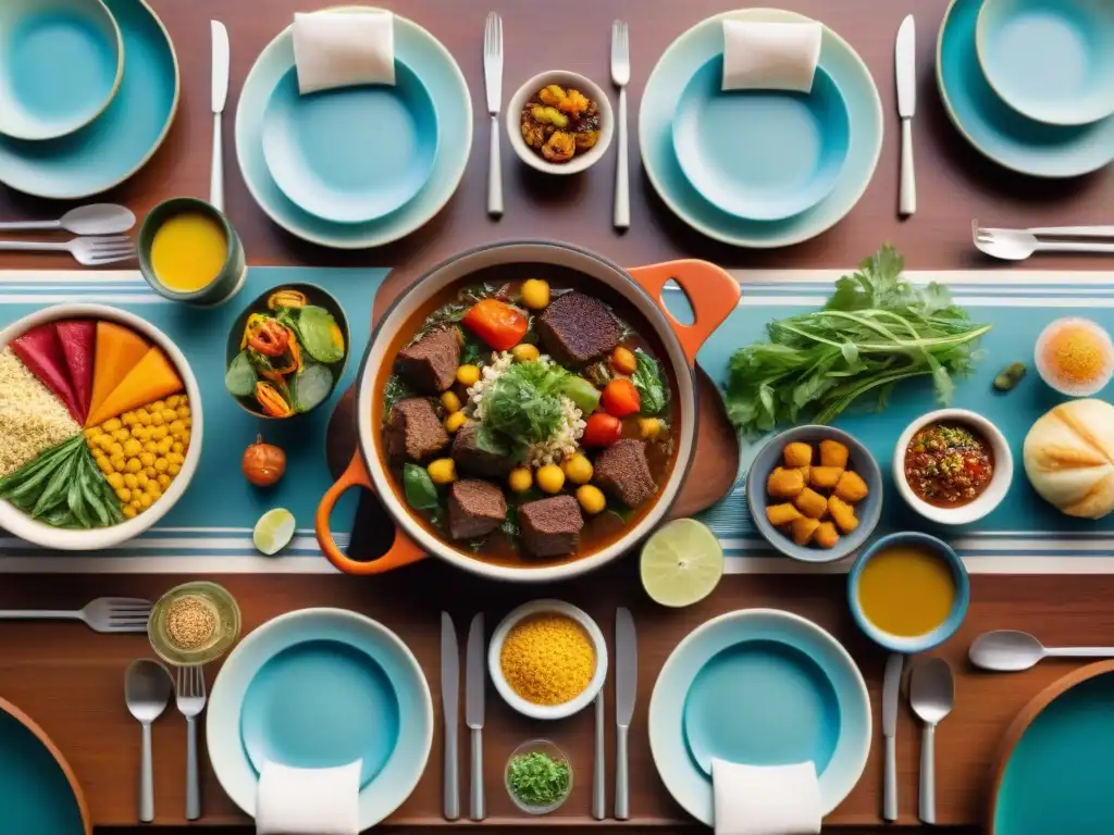 Una mesa exquisitamente decorada con platillos de diversas culturas, reflejando la fusión de sabores internacionales en la gastronomía uruguaya