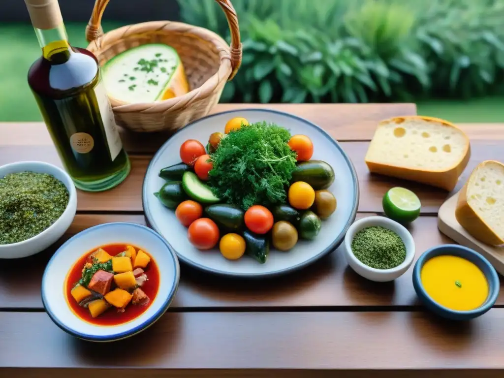 Una mesa bellamente decorada con platos y acompañamientos de la tradición parrillada uruguaya en un jardín verde y rústico