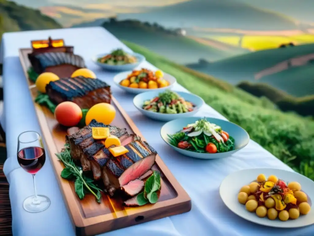 Una mesa bellamente decorada con platos de carne a la parrilla, ensaladas coloridas y vinos locales en un evento de asado al aire libre en Uruguay