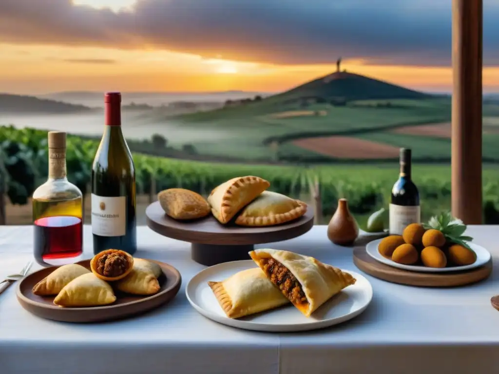 Una mesa exquisitamente decorada en Uruguay con platos tradicionales y vinos, en un atardecer cálido