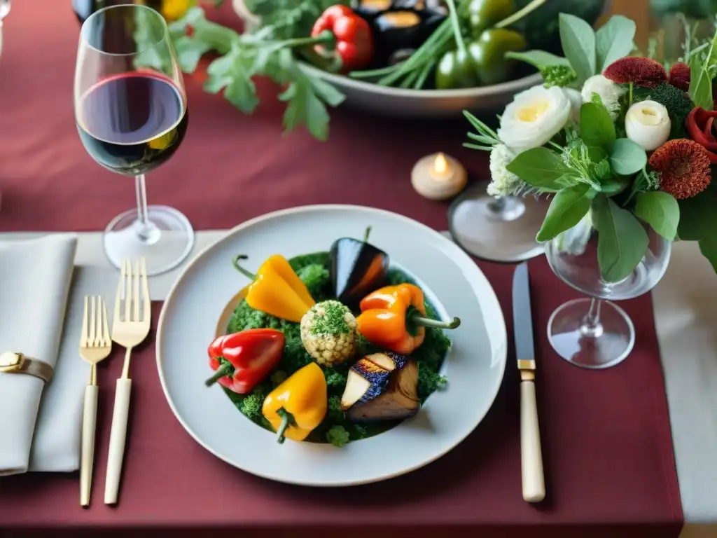 Una mesa elegantemente decorada con platos vegetarianos coloridos y vinos, ideal para maridaje vinos asado vegetariano Uruguay