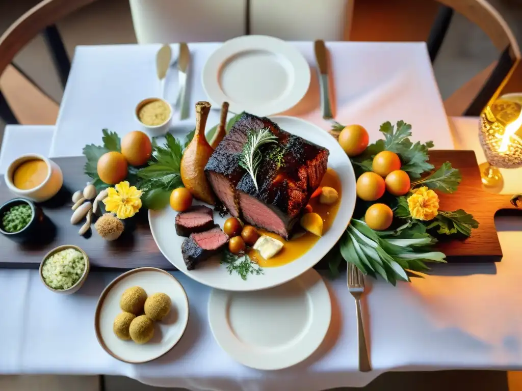 Una mesa elegantemente decorada con una presentación perfecta del asado uruguayo