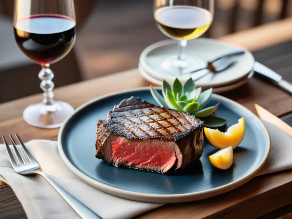 Una mesa bellamente decorada con un suculento asado uruguayo y un exquisito vino uruguayo