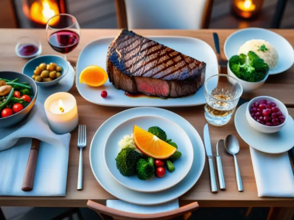 Una mesa hermosamente decorada con un suculento asado como plato principal, rodeado de coloridos acompañamientos y copas de vino tinto