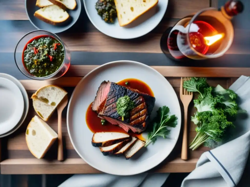 Una mesa bellamente decorada con un tradicional asado uruguayo, maridaje vino asado Uruguay