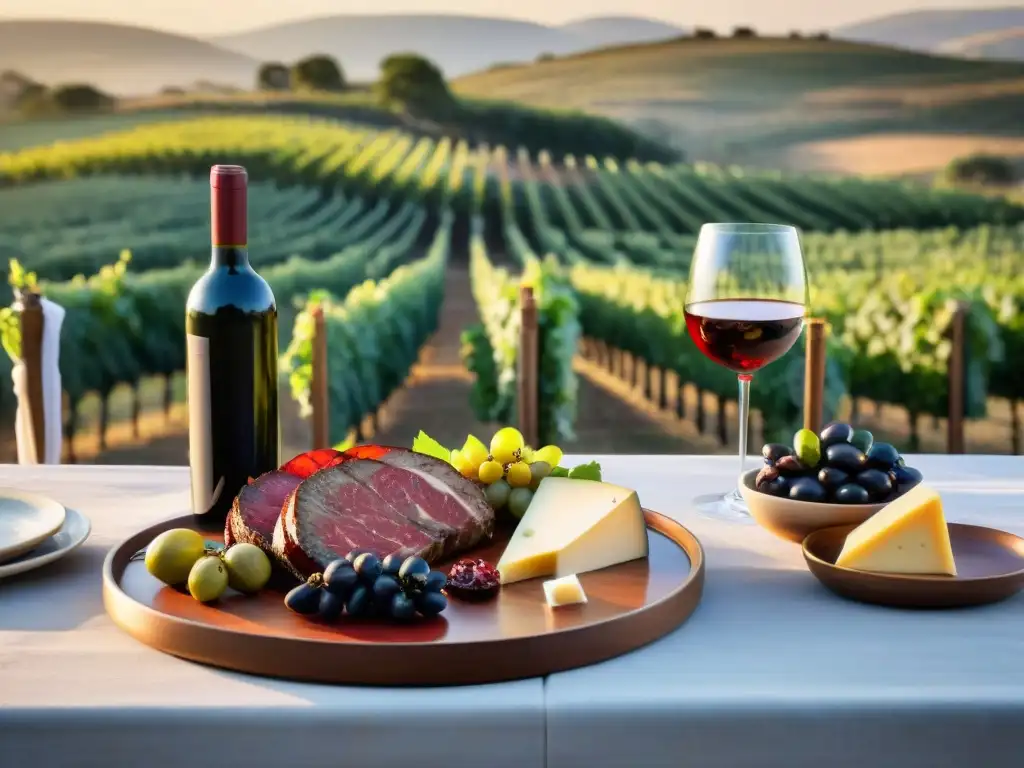 Una mesa exquisitamente decorada con vinos de Uruguay maridaje asado, en un viñedo al atardecer