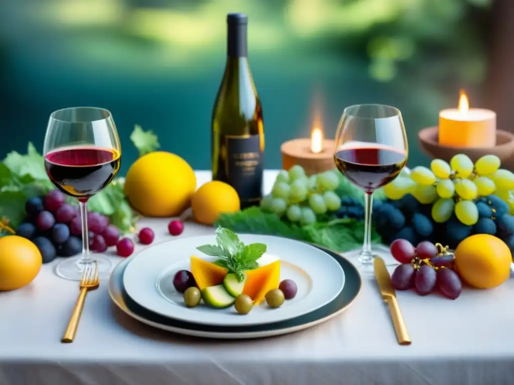 Una mesa elegantemente decorada con vinos veganos y platillos coloridos