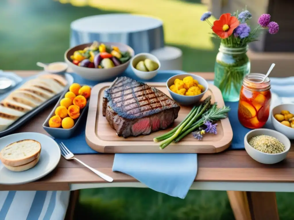 Una mesa de barbacoa con deliciosas comidas rodeadas de naturaleza al atardecer