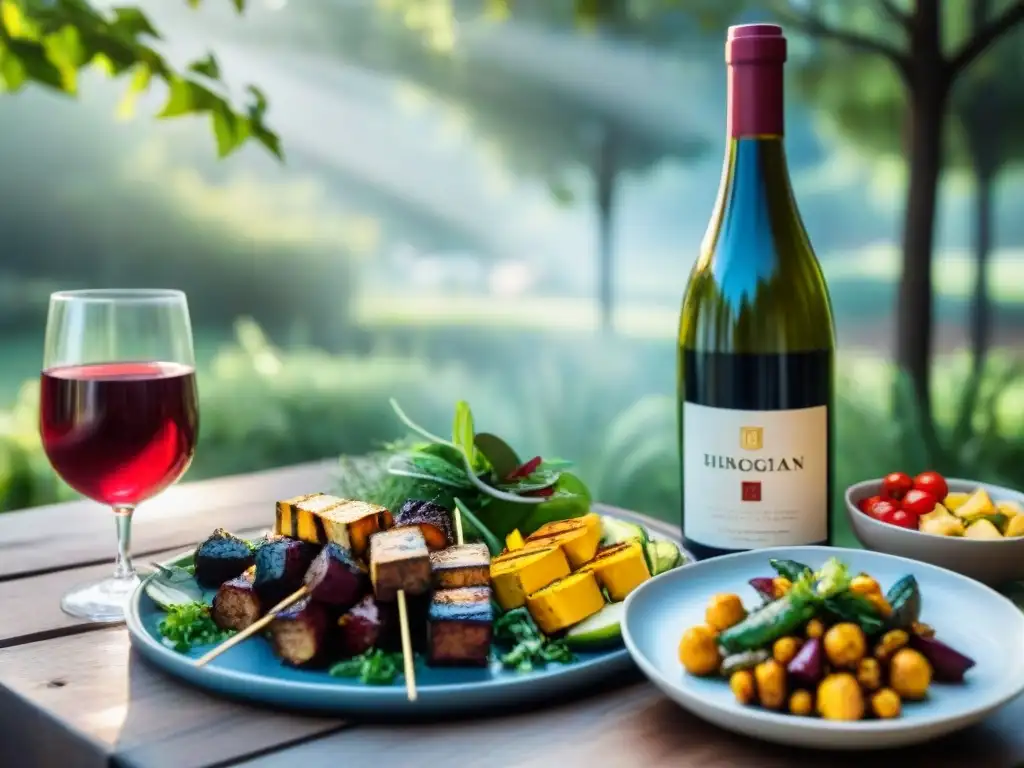 Una mesa elegante al aire libre con vino y comida vegana, maridaje vino asado vegano