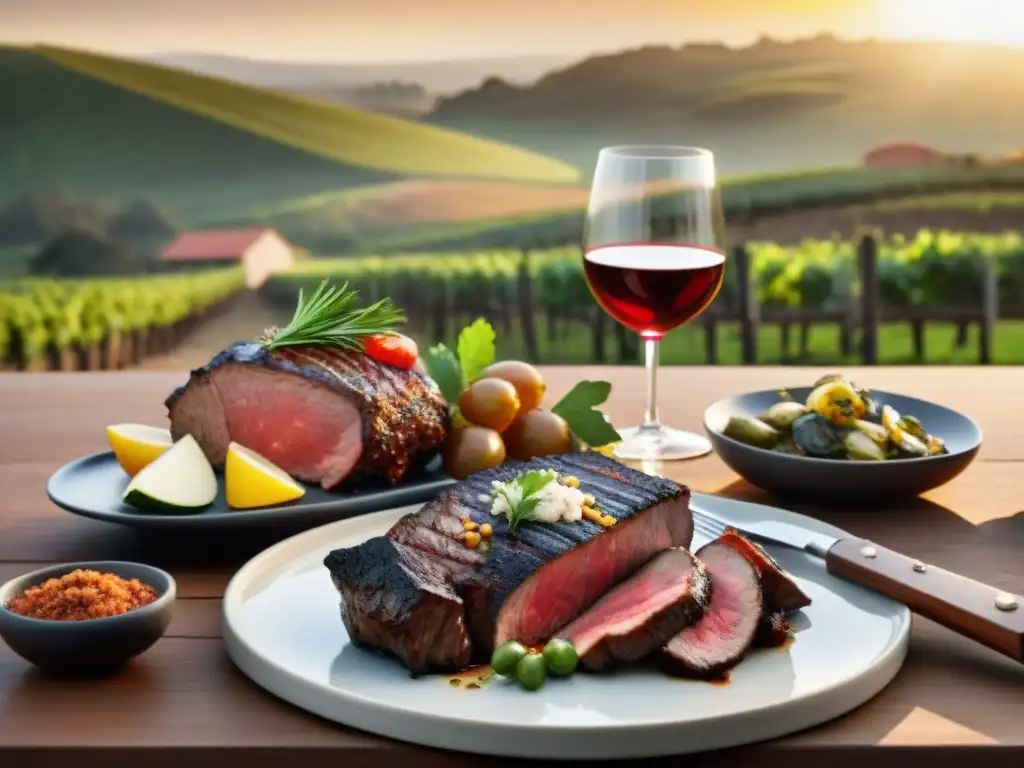 Una mesa elegante al aire libre con asado uruguayo y vinos, en un maridaje perfecto al atardecer