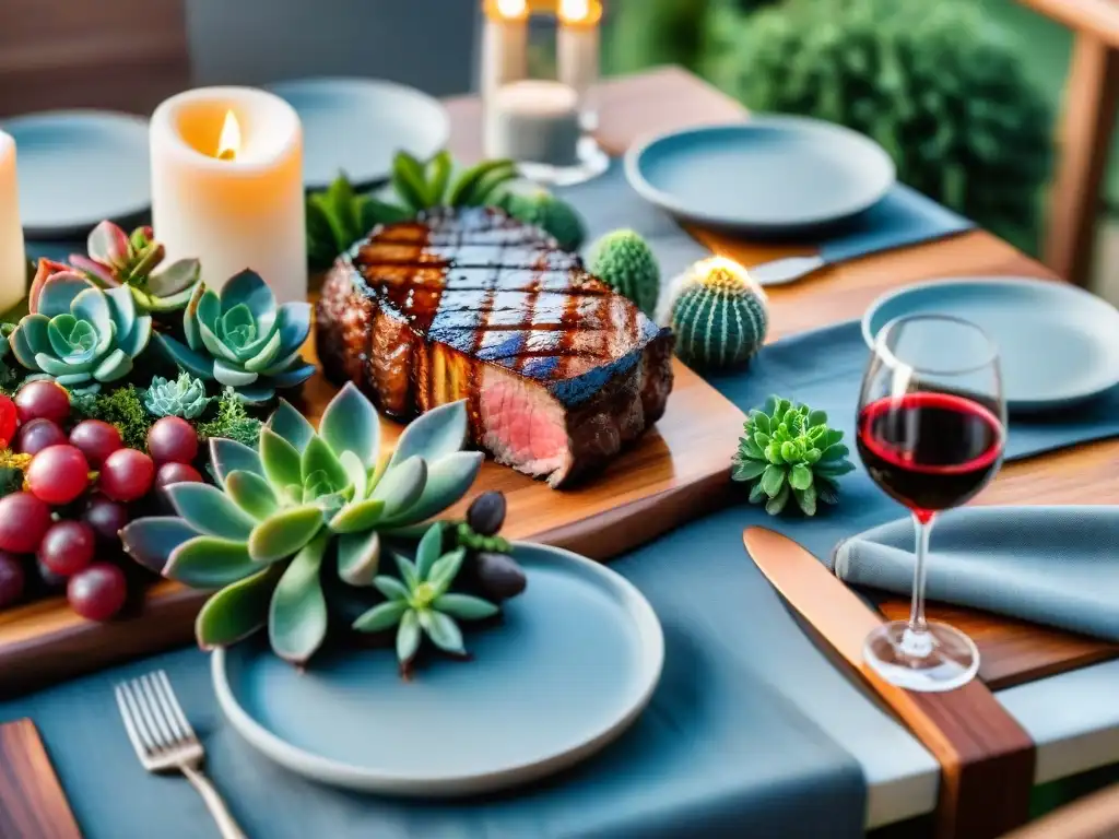 Una mesa elegante al aire libre con suculentas carnes asadas y copas de vino tinto, decorada con velas y vegetación