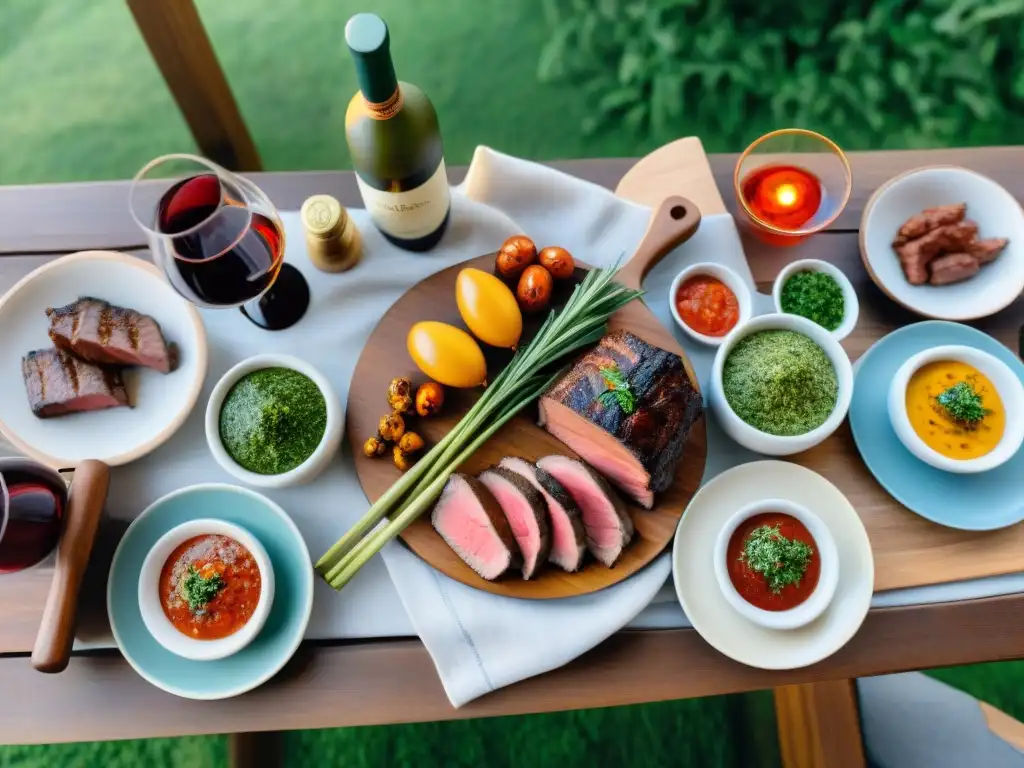 Una mesa elegante al aire libre con asado uruguayo, vinos finos y salsas tradicionales