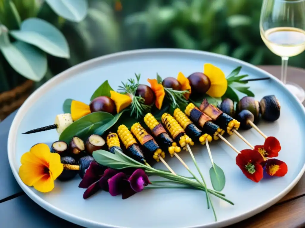 Una mesa elegante al aire libre con delicias vegetarianas asadas y maridaje de vinos, en Uruguay