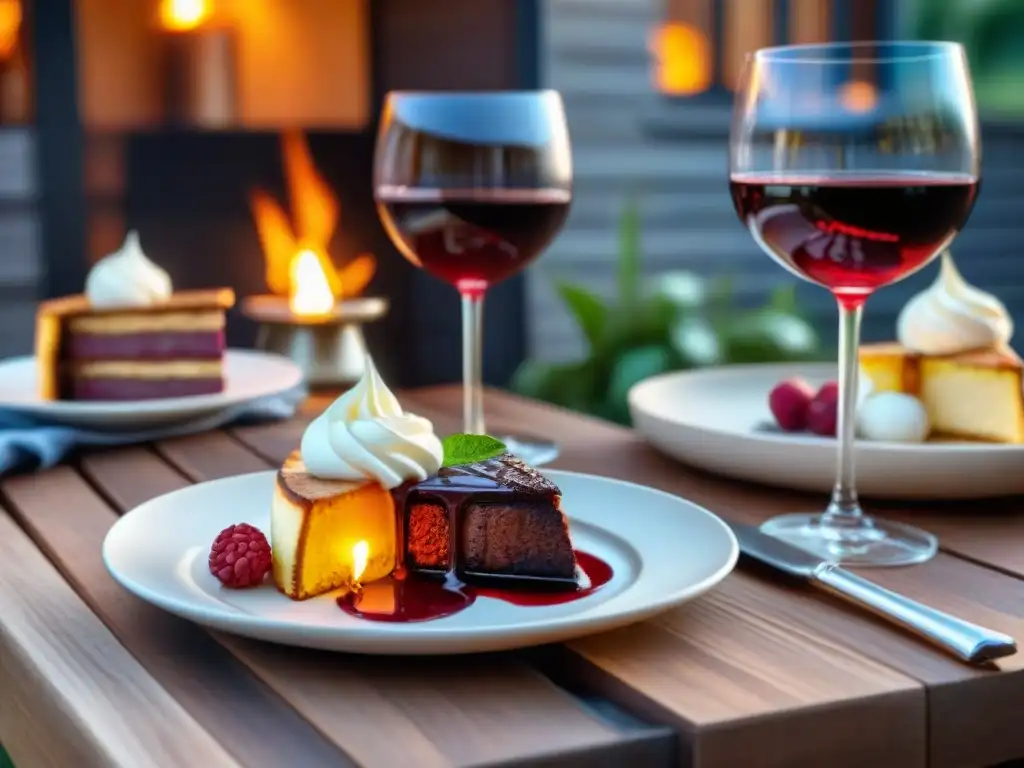 Una mesa elegante al aire libre con vino tinto, postre a la parrilla y maridaje vinos postres parrilla tips