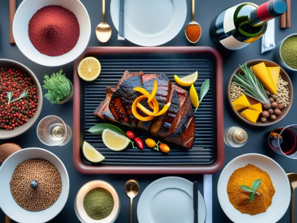 Una mesa elegante al aire libre con una parrilla, rodeada de condimentos para potenciar asado