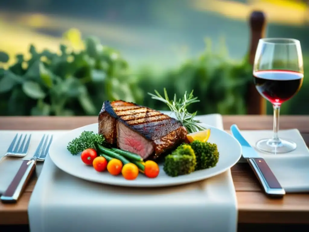 Una mesa elegante al aire libre con vino y asado impresionará a tus invitados