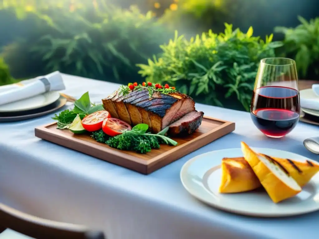 Una mesa elegante para asado al aire libre, con Accesorios para presentación asado, rodeada de verdor y luz cálida