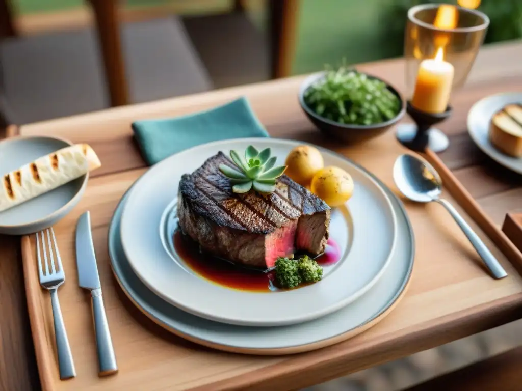 Una mesa elegante para un asado de lujo uruguayo con vinos y steak, bajo cálida luz dorada