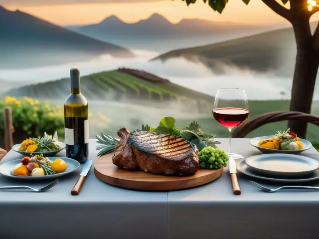 Exquisito asado uruguayo con Vinos Reservas y ambiente cálido al atardecer Una mesa elegante en un asado uruguayo con maridaje vinos, carnes asadas y ensaladas, bañada por la luz dorada del atardecer