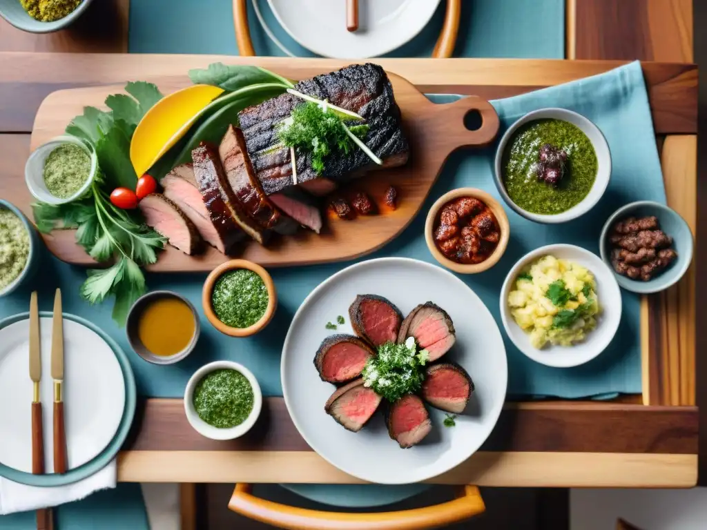 Exquisito asado uruguayo: mesa elegante con variedad de carnes y vinos Una mesa elegante con un asado uruguayo tradicional, perfecto para un maridaje marca asado uruguayo