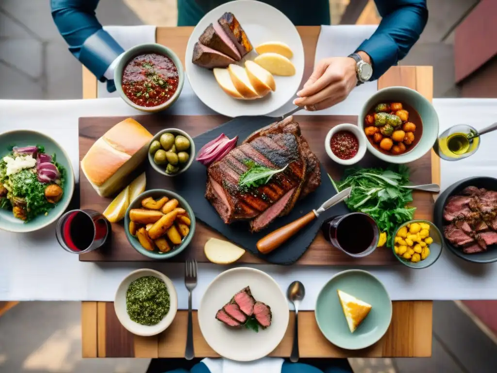 Una mesa elegante para un asado uruguayo, con parrilla, chimichurri y vino tinto