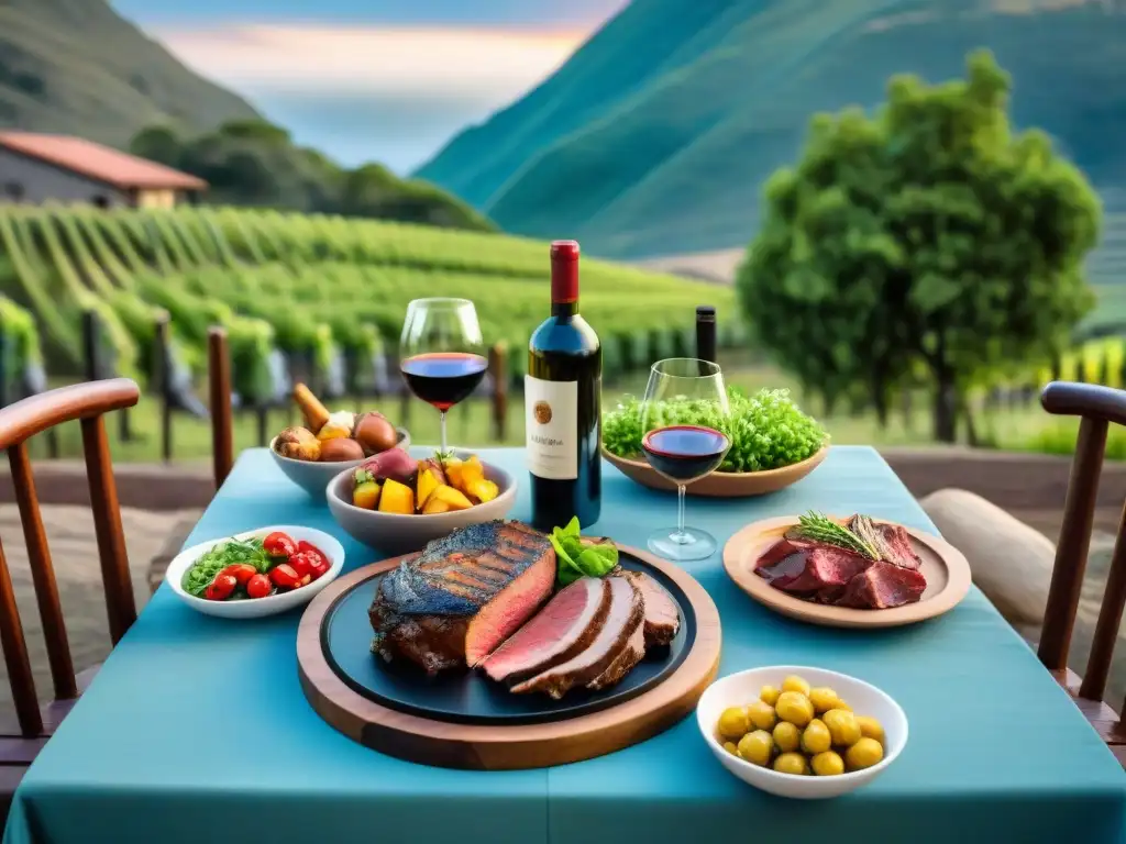 Una mesa elegante en un asado uruguayo con cata de vinos, comida variada y paisaje campestre