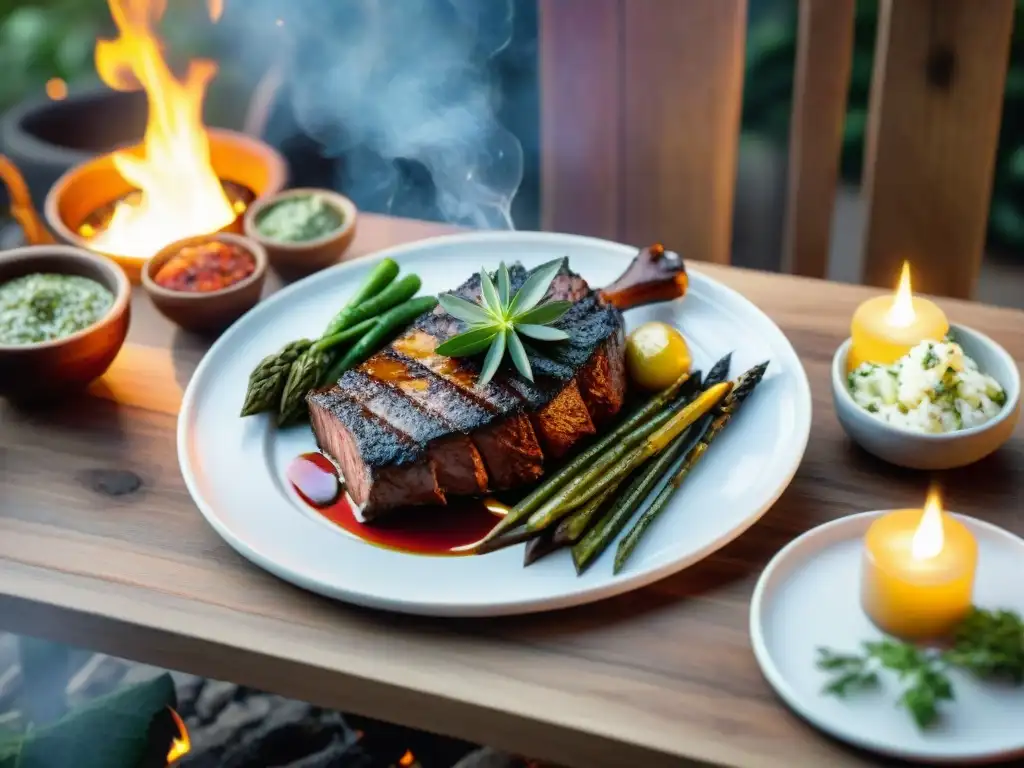 Una mesa elegante con un asado uruguayo y Grappa Uruguaya, maridaje perfecto
