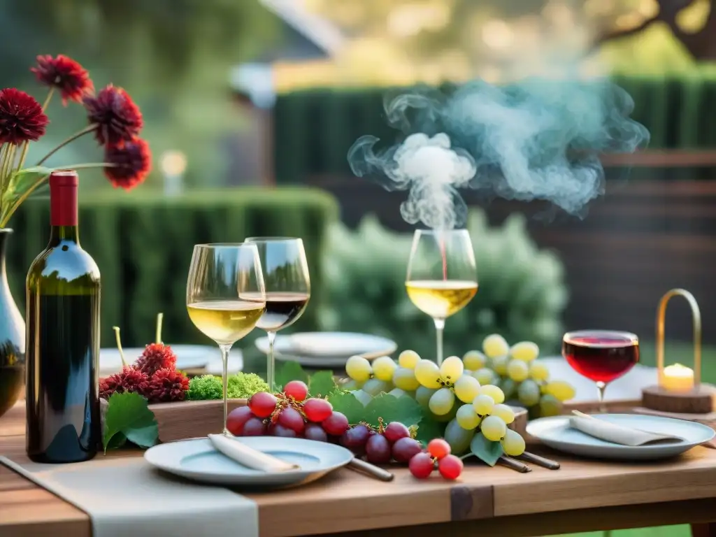 Una mesa elegante en un asado uruguayo, con copas de vino y cócteles artesanales