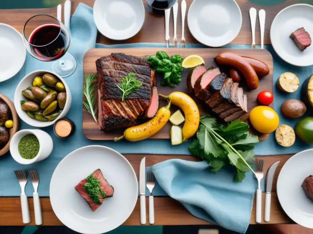 Una mesa elegante con un asado uruguayo tradicional y vinos varietales, en un ambiente cálido