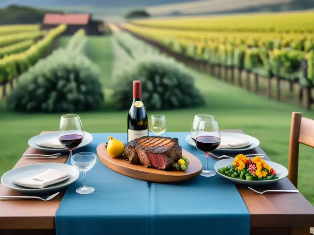 Una mesa elegante en Uruguay con un asado y vinos premium