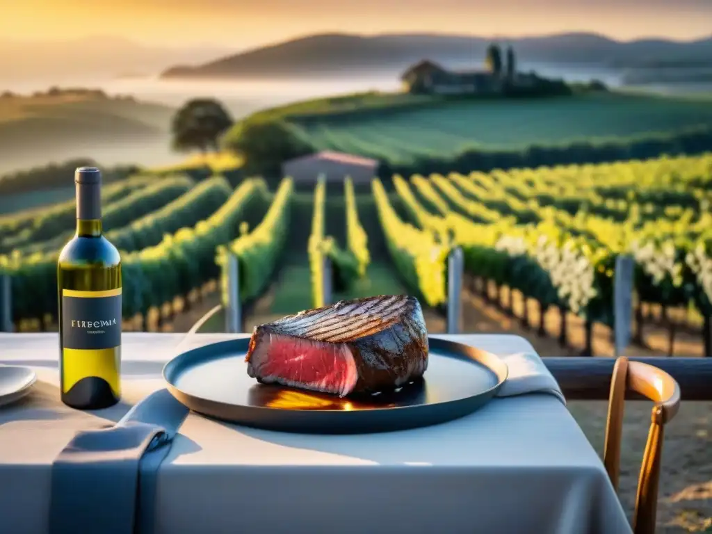 Una mesa elegante con asado y vinos uruguayos, lujo en viñedo al atardecer