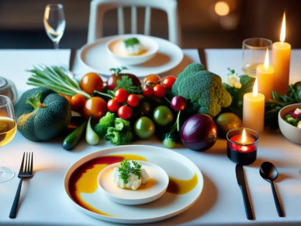 Una mesa elegante con asados vegetales gourmet y salsas variadas, en un ambiente sofisticado