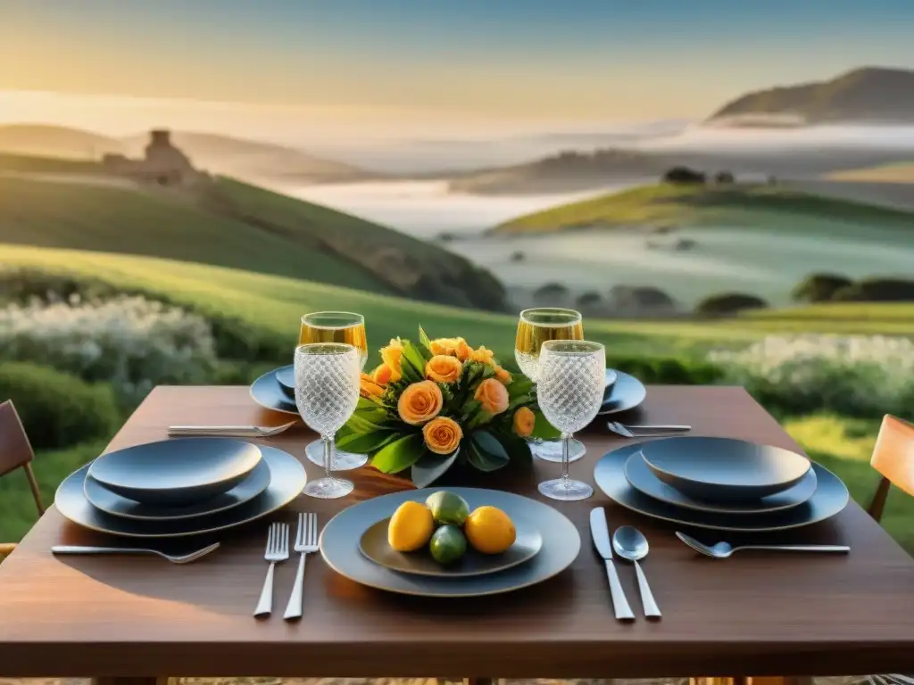 Mesa elegante al atardecer en estancia uruguaya con estancias gastronómicas Uruguay