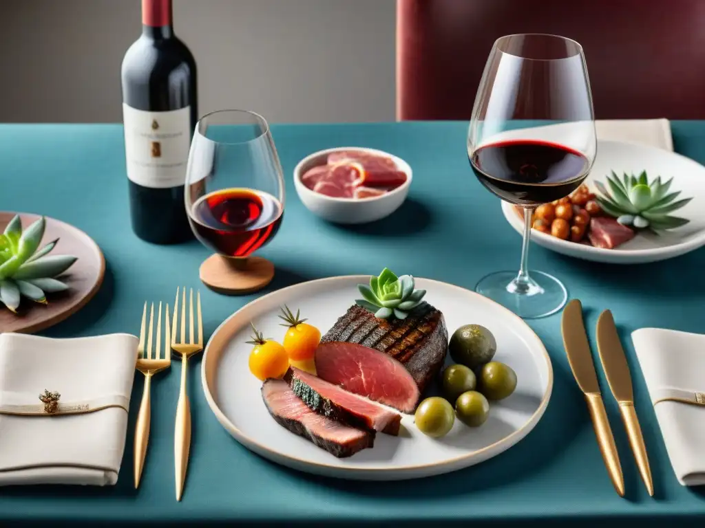 Una mesa elegante con carnes importadas y vinos uruguayos, creando una atmósfera lujosa y apetitosa