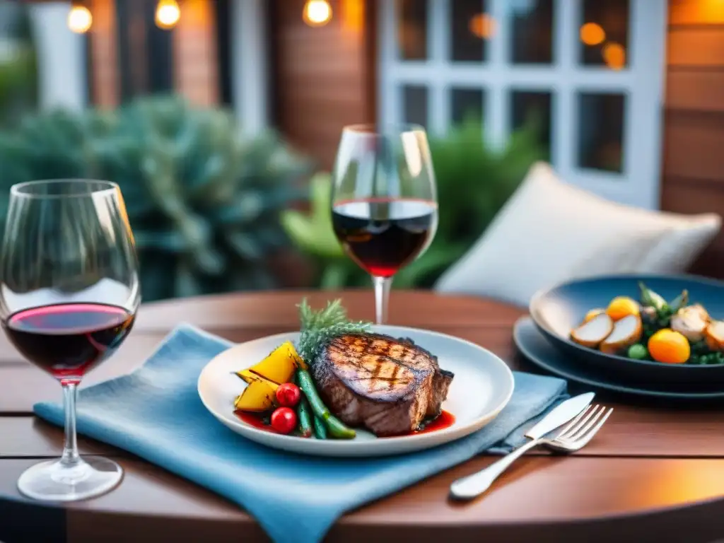 Una mesa elegante con copas de vino y deliciosas carnes asadas en un ambiente acogedor de patio