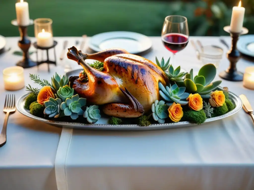 Una mesa elegante con cortes de aves suculentos y vinos exquisitos, creando una atmósfera lujosa