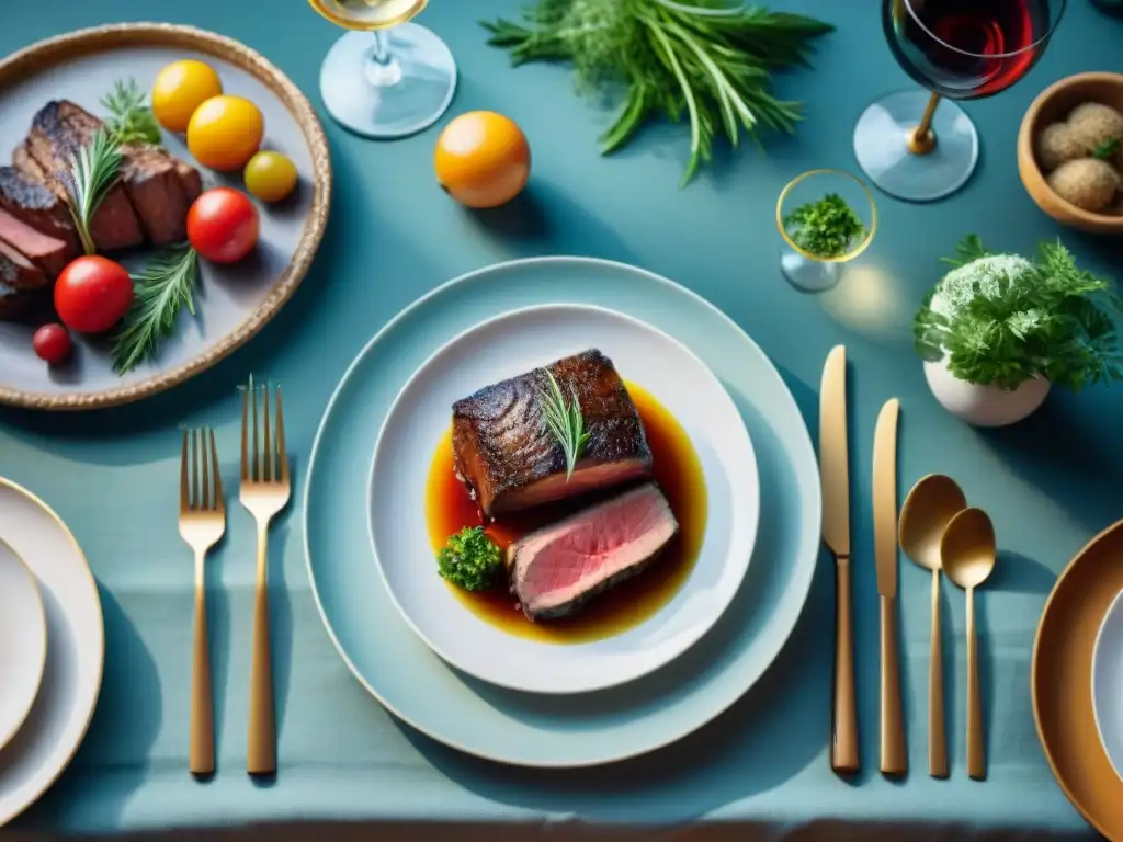 Una mesa elegante con cortes premium de carnes de importación, vinos y hierbas frescas