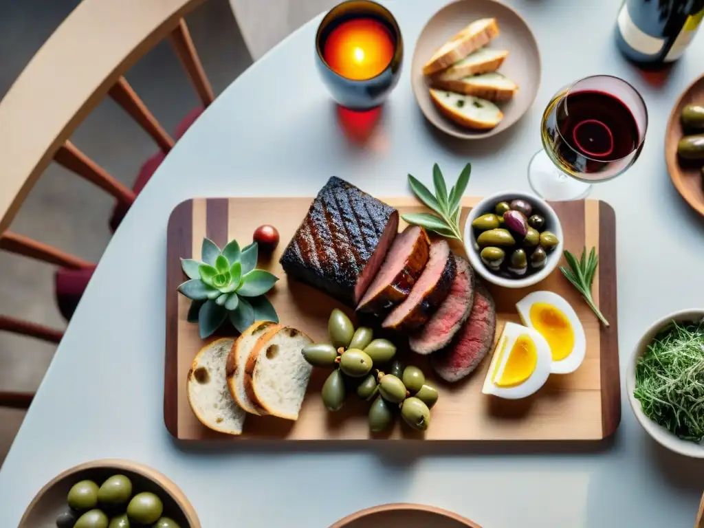 Una mesa elegante con deliciosos cortes de asado y vinos uruguayos, en una escena de lujo y sabor