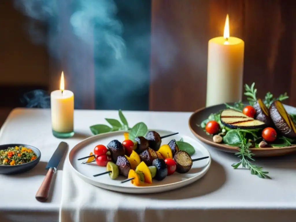 Una mesa elegante con deliciosos platillos veganos y vinos para maridaje, creando un ambiente cálido y acogedor