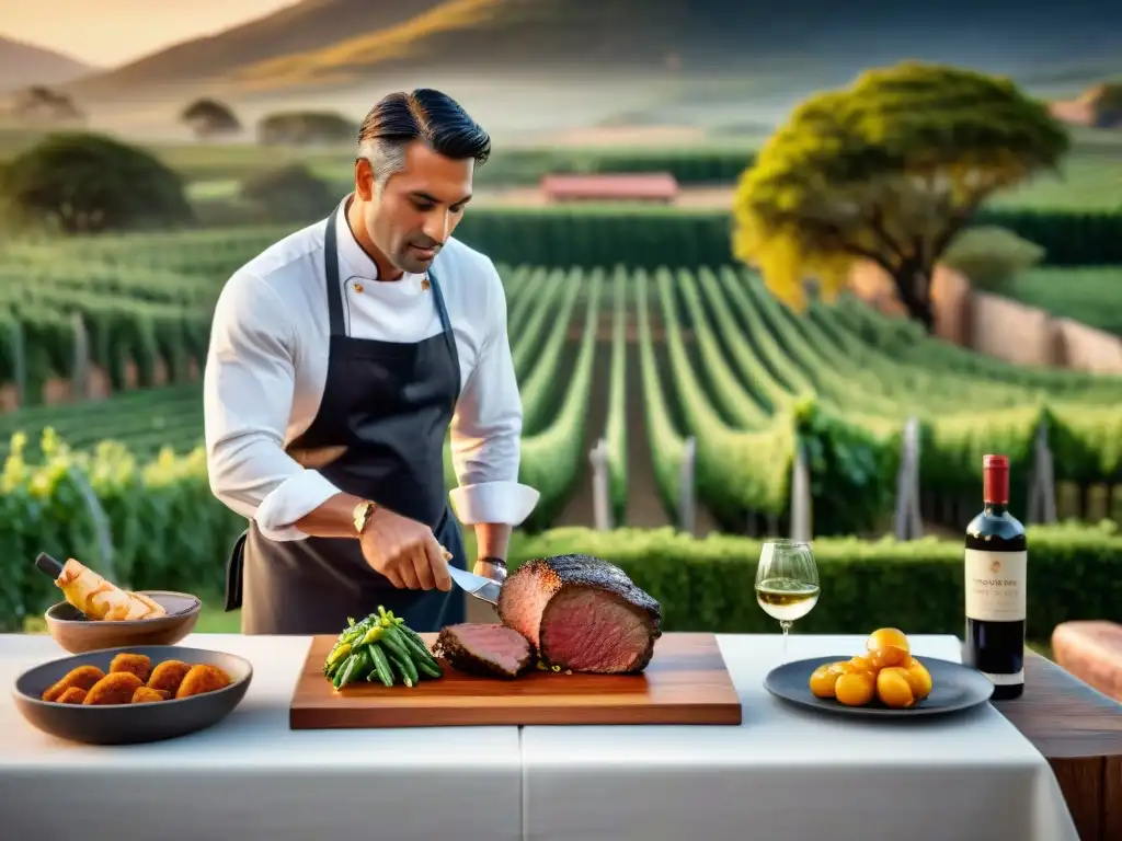 Una mesa elegante en una estancia uruguaya con viñedos al atardecer, donde se maridan vinos y asados gourmet