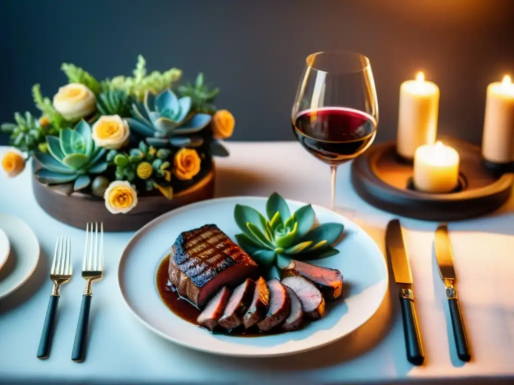 Una mesa elegante con exquisitas carnes asadas y vinos, en un ambiente cálido y acogedor, perfecto para un maridaje vinos carnes asado uruguayo