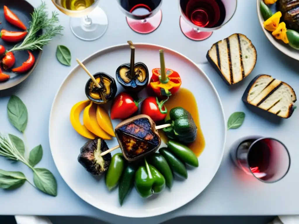 Una mesa elegante con un festín vegano y maridaje vino asado vegano