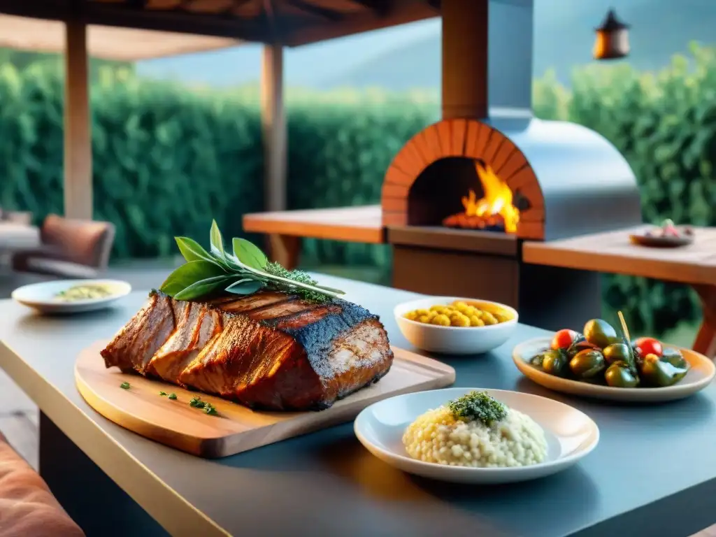 Una mesa elegante lista para un asado uruguayo con influencia italiana, bañada en cálida luz dorada