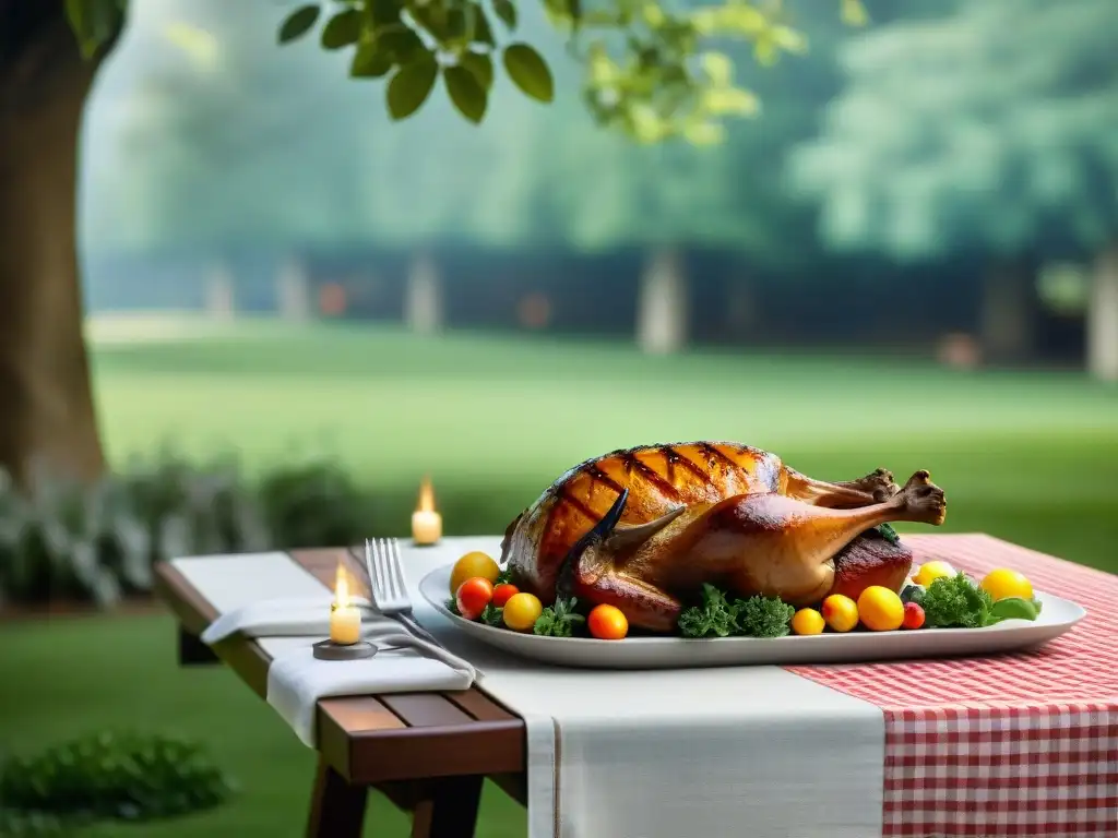 Una mesa de jardín elegante lista para un asado, con comida deliciosa y decoración colorida