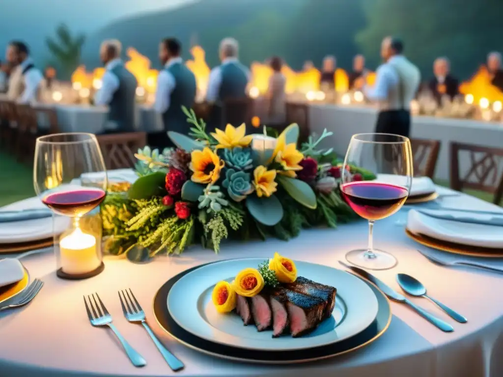 Una mesa elegante lista para un maridaje de vinos asados en un evento grande